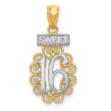 14k with White Rhodium Filigree SWEET 16 Pendant
