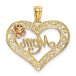 14k Two-tone with White Rhodium Diamond-cut MOM in Heart with Rose Pendant - Image 3