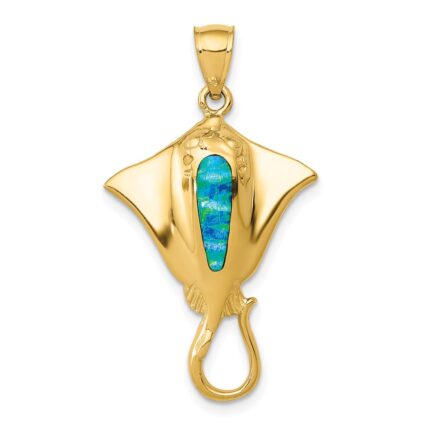 14k Polished Lab Created Blue Opal Stingray Pendant