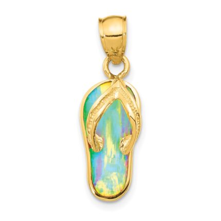 14k Polished 3-D Lab Created White Opal Flip Flop Pendant