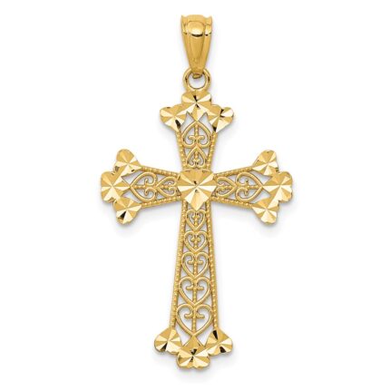 14k Diamond-cut Polished Filigree Hearts Cross Pendant