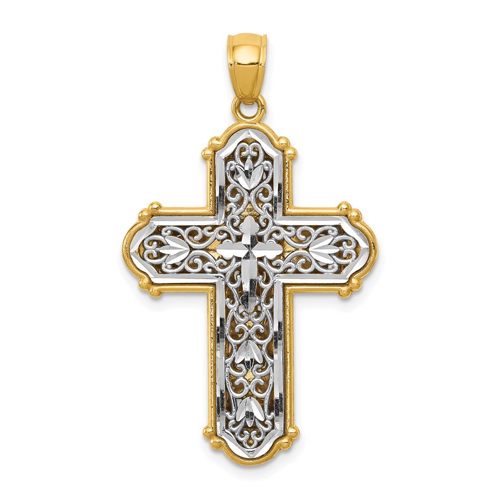 K6267.jpg 14k and White Rhodium Reversible Diamond-cut Filigree Cross Pendant - Image 1
