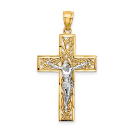 14K Two-Tone Satin Polished Diamond-cut Crucifix with Vines Pendant
