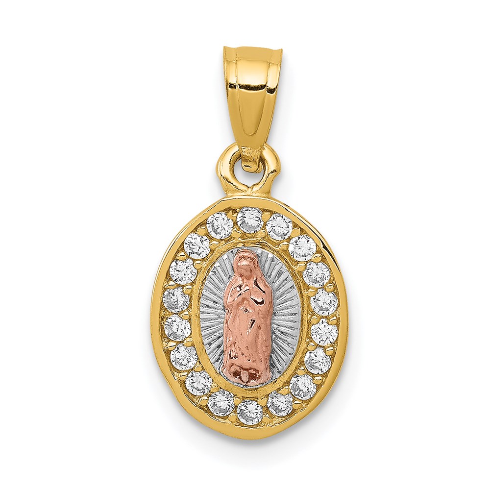 K6345.jpg 14K Two-Tone with White Rhodium Diamond-cut CZ Our Lady of Guadalupe Oval Pendant - Image 1