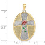 14K with White Rhodium Enameled Rose Cross with Serenity Prayer on Back Oval Disc Charm - Image 3
