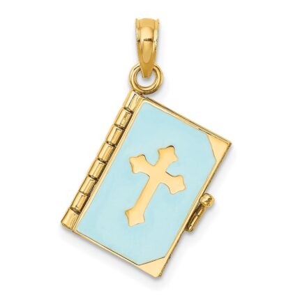 14K Blue Enameled 3-D Bible with Lord's Prayer and Moveable Pages Pendant