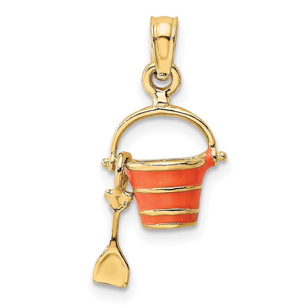 K6769.jpg 14K 2-D Orange Enameled Beach Bucket with Moveable Shovel Charm - Image 1