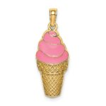 14K Pink Enameled Strawberry Ice Cream Cone Charm