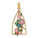 14K Enameled Hummingbird and Flowers Triangle Charm