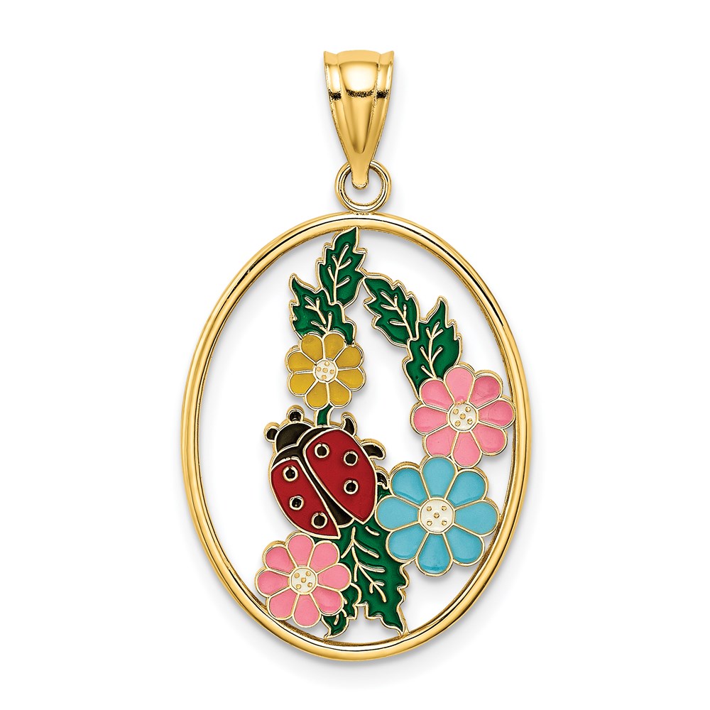 K6848.jpg 14K Enameled Flowers and Ladybug Oval Charm - Image 1