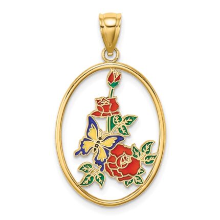 14K Enameled Yellow Butterfly in Oval Red Flowers Charm