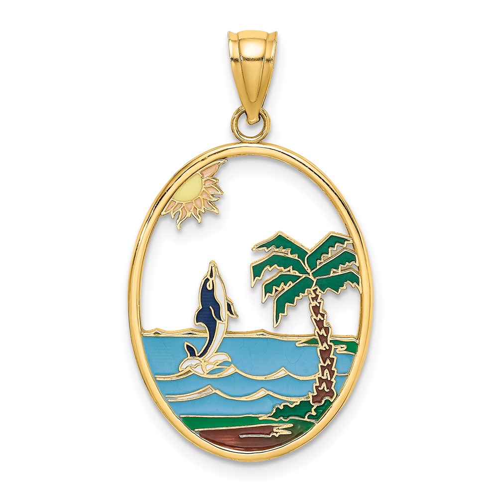 K6874.jpg 14K Enamel Dolphin Jumping In Beach Scene Charm - Image 1