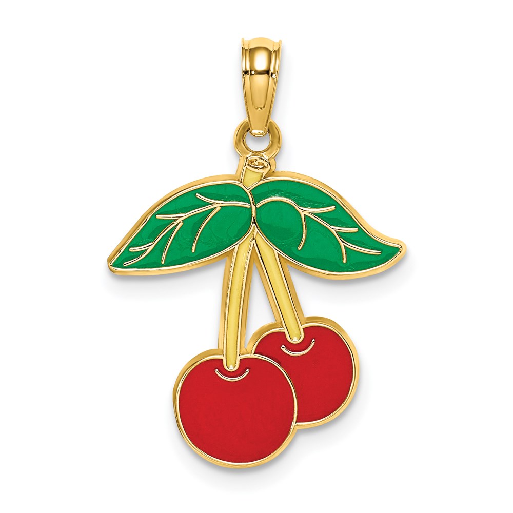 K6899.jpg 14K Red and Green Enameled Cherries with Leaf Charm - Image 1