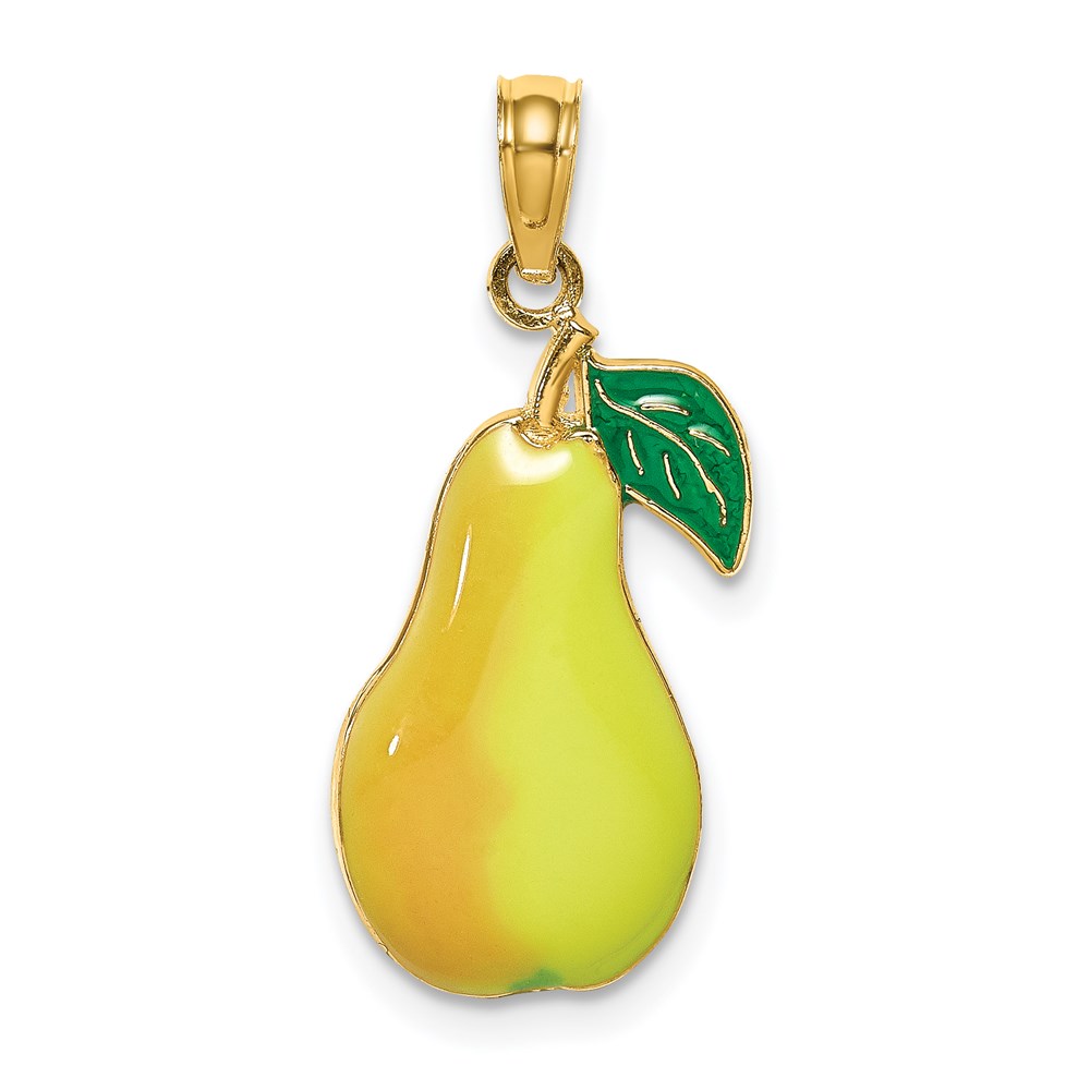 K6909.jpg 14K Yellow and Green Enameled Pear With Stem and Leaf Charm - Image 1