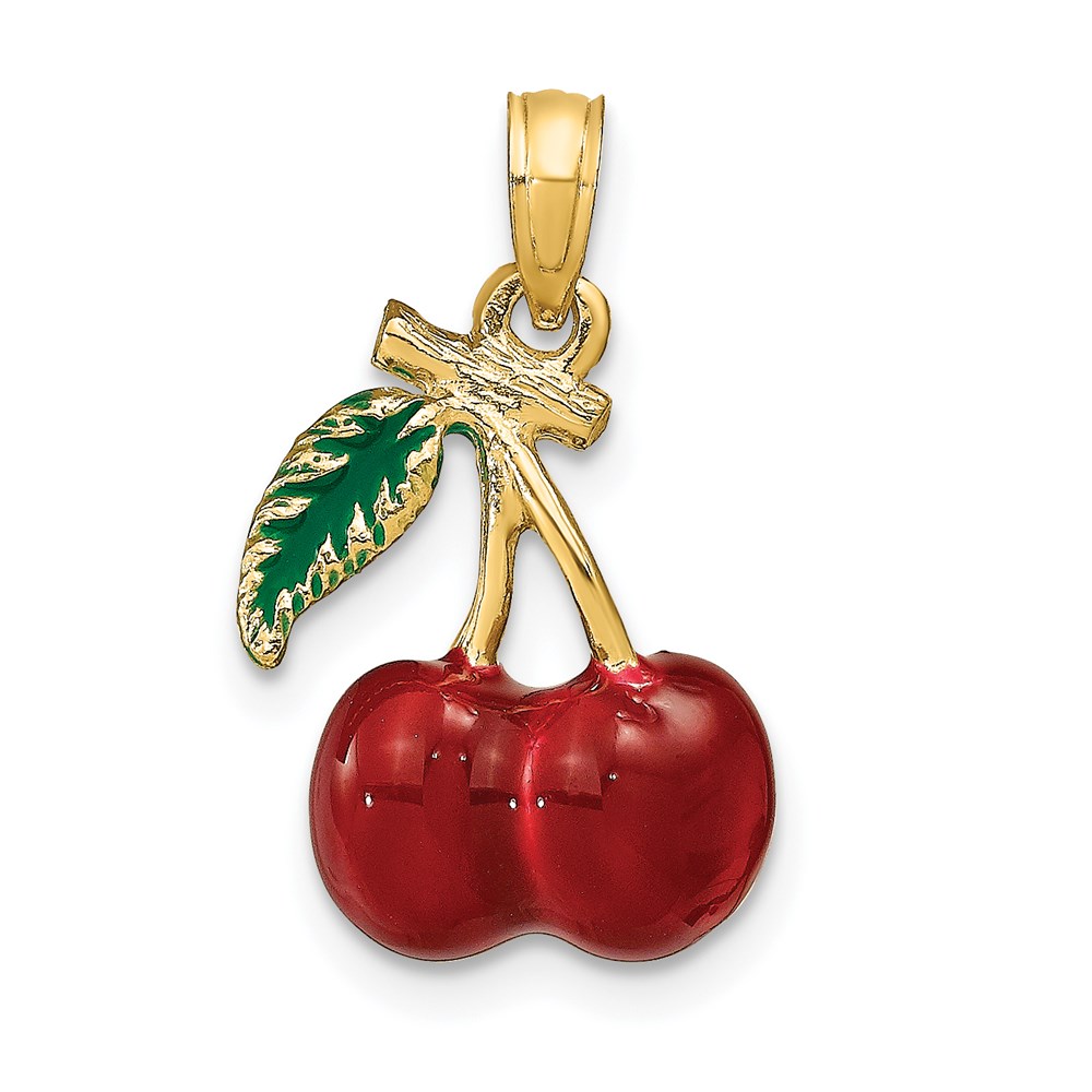 K6924.jpg 14K 3-D Red and Green Enameled Cherries with Leaf Charm - Image 1