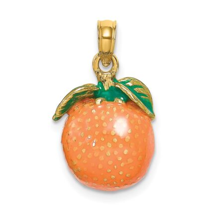 14K 3-D Orange and Green Enameled Orange With Stem and Leaf Charm