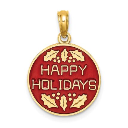 14K Enameled HAPPY HOLIDAYS with Holly Round Disc Charm
