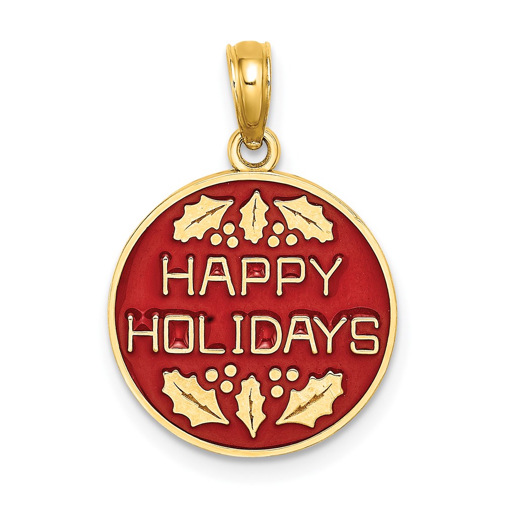 K6960.jpg 14K Enameled HAPPY HOLIDAYS with Holly Round Disc Charm - Image 1