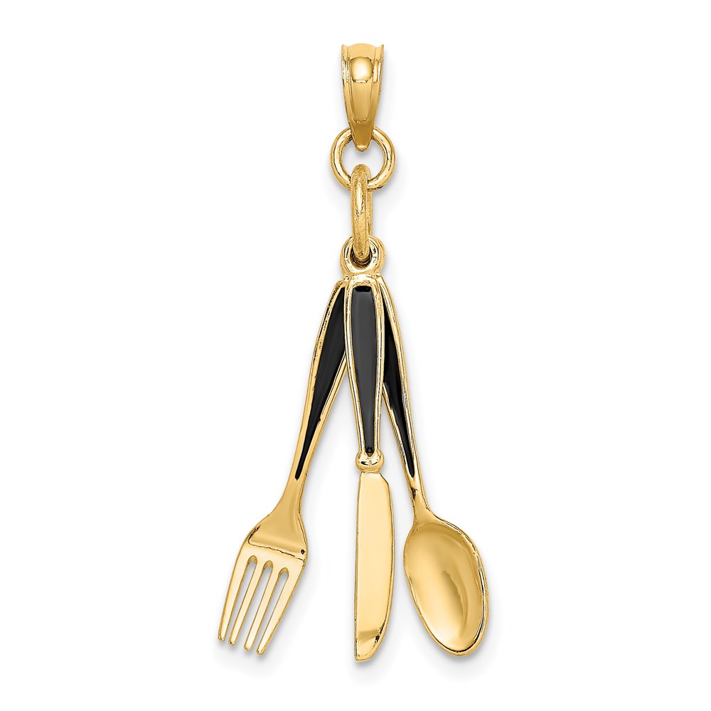 K7020.jpg 14K 3-D Black Enameled Knife, Fork, Spoon Moveable Charm - Image 1