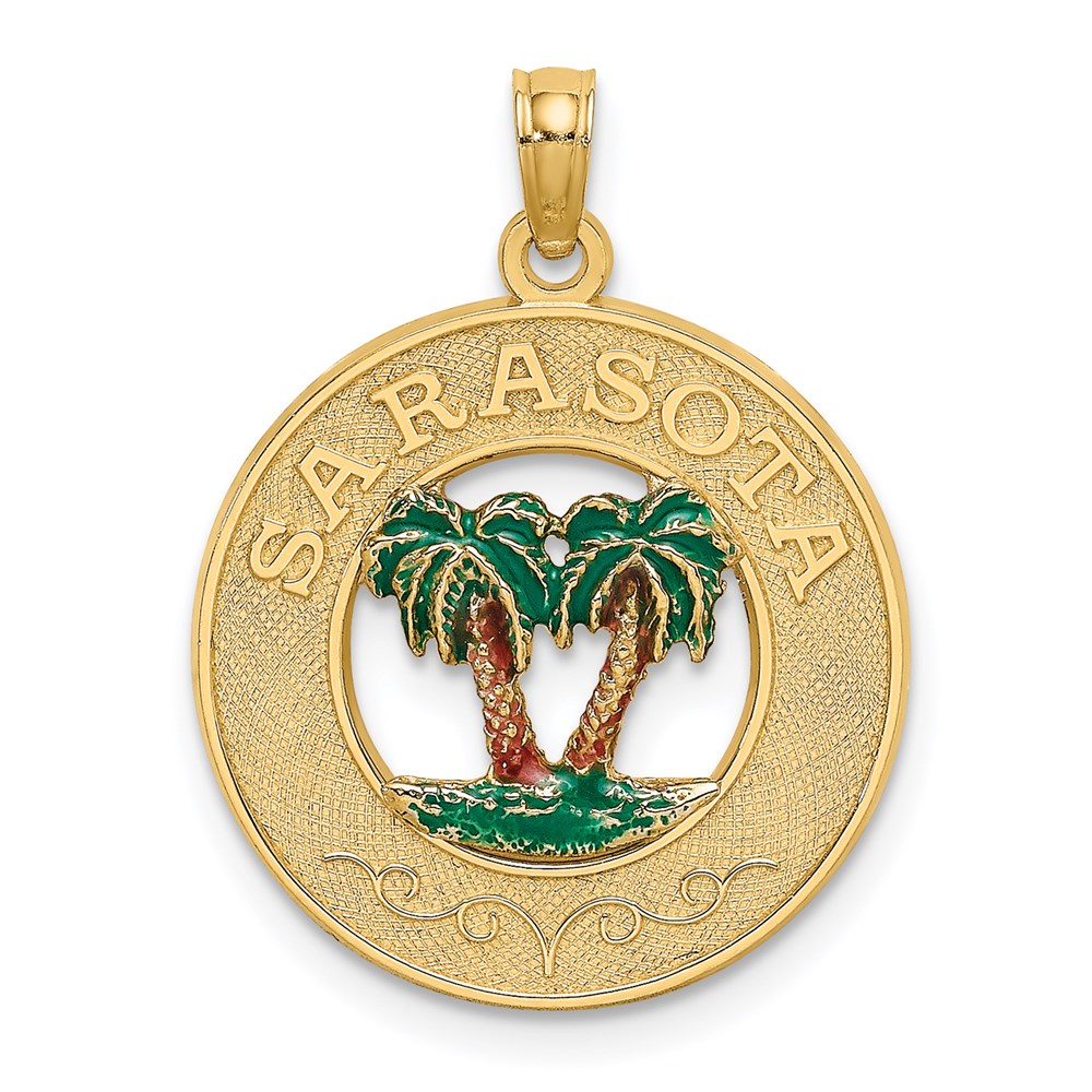 K7085.jpg 14K Enameled SARASOTA Circle Palm Tree Charm - Image 1