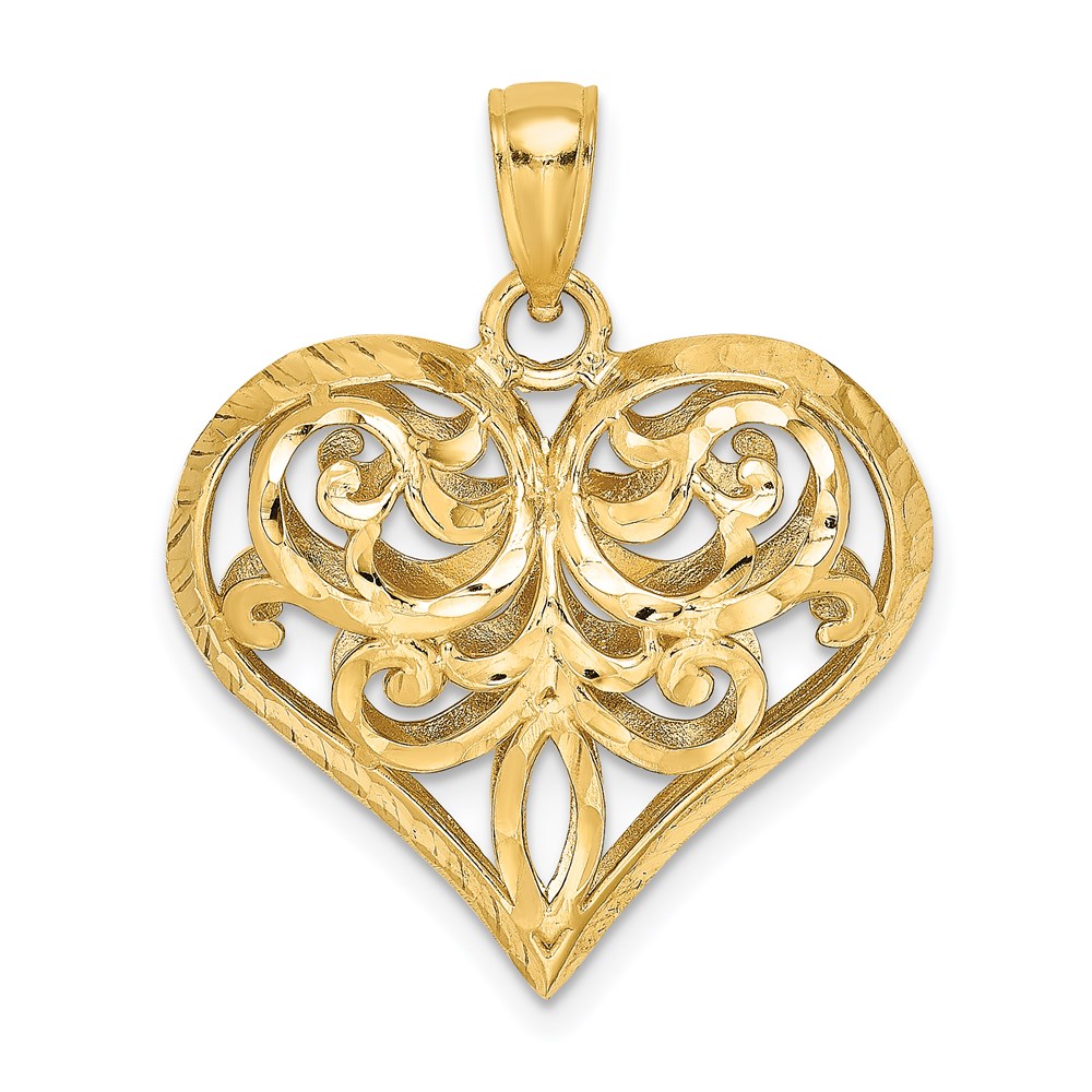 K7115.jpg 14K Polished 3-D Diamond-cut Filigree Puffed Heart Charm - Image 1