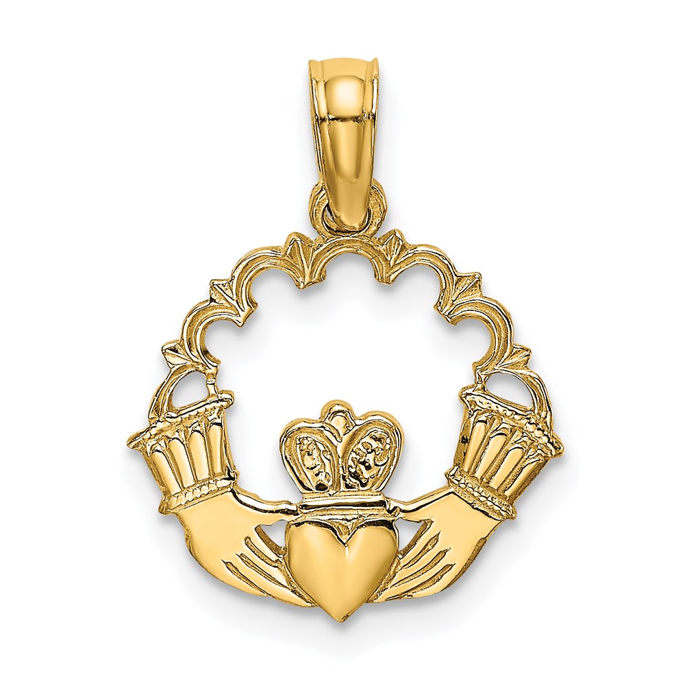 K7164.jpg 14K Engraved Claddagh In Scallop Circle Charm - Image 1