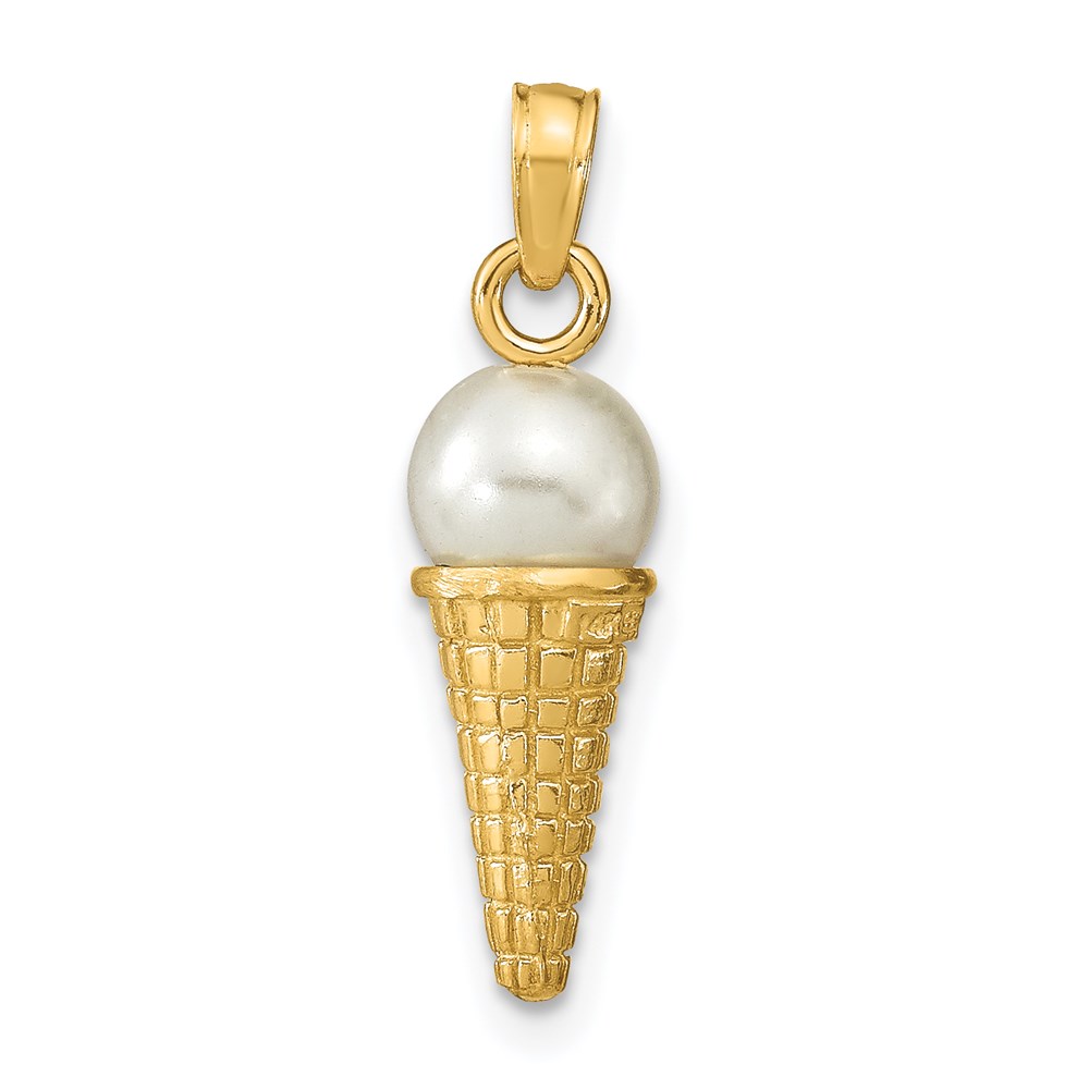 K7308.jpg 14K Satin Polished 3-D White Bead Ice Cream Cone Pendant - Image 1