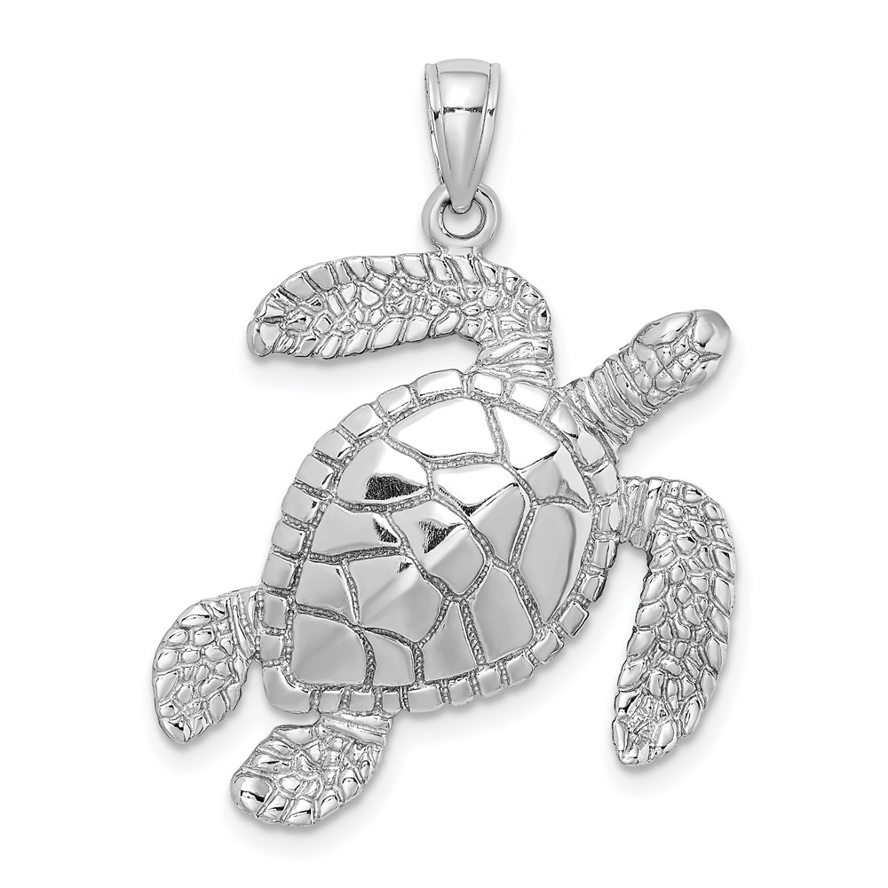K8163W.jpg 14K White Gold Large Textured Swimming Sea Turtle Charm - Image 1