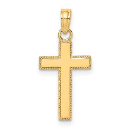 14K Polished Block Style Beaded Edge Cross Charm