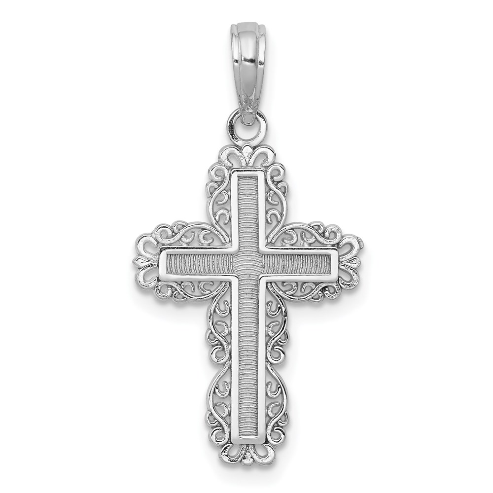 K8431W.jpg 14K White Gold Textured with Lace Trim Cross Charm - Image 1