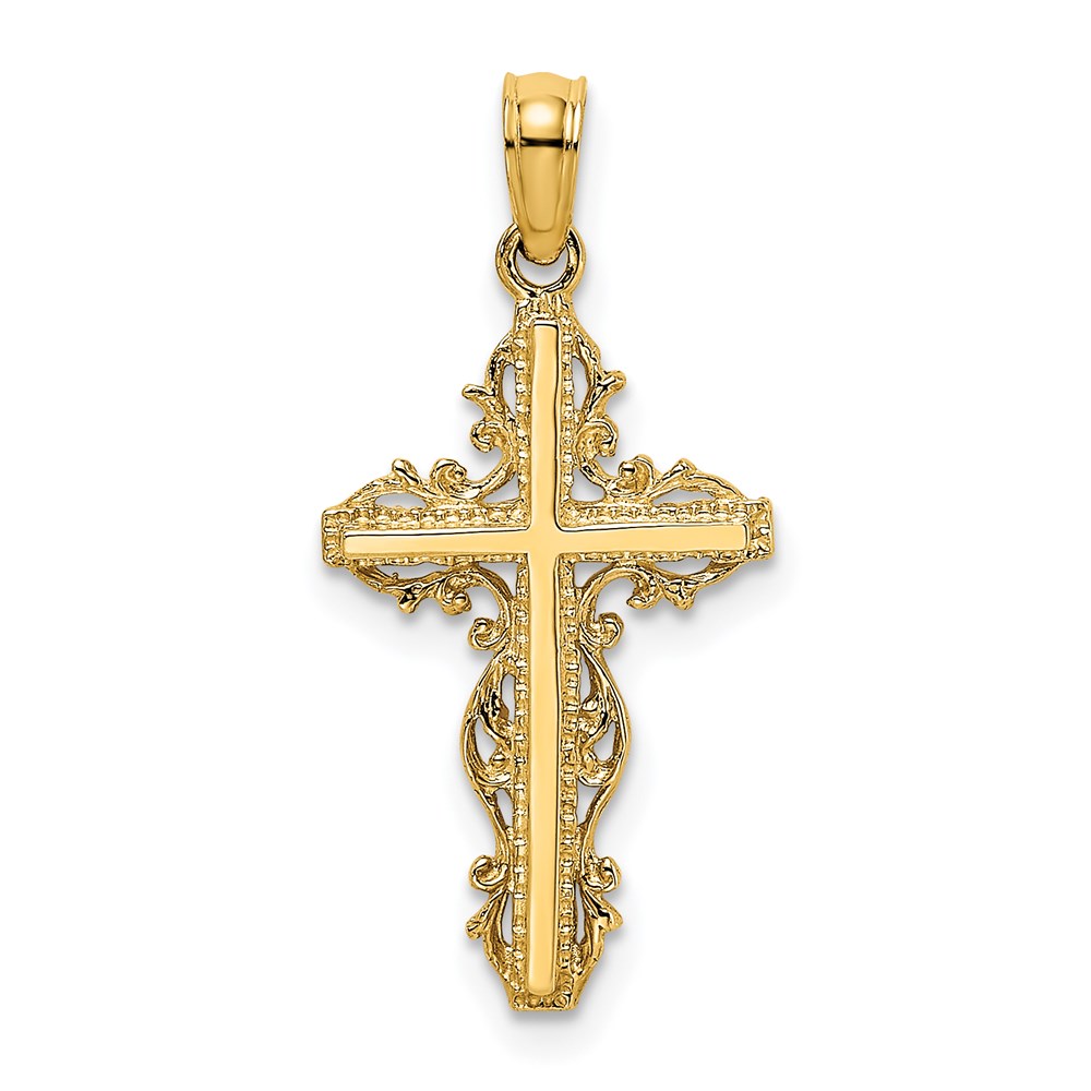 K8458.jpg 14K Stick Cross with Lace Trim Charm - Image 1