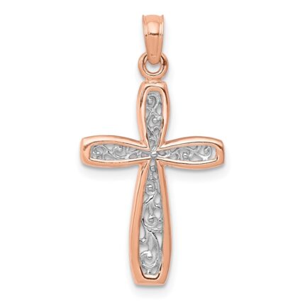 14K Rose Gold and White Rhodium Cross with Filigree Center Charm