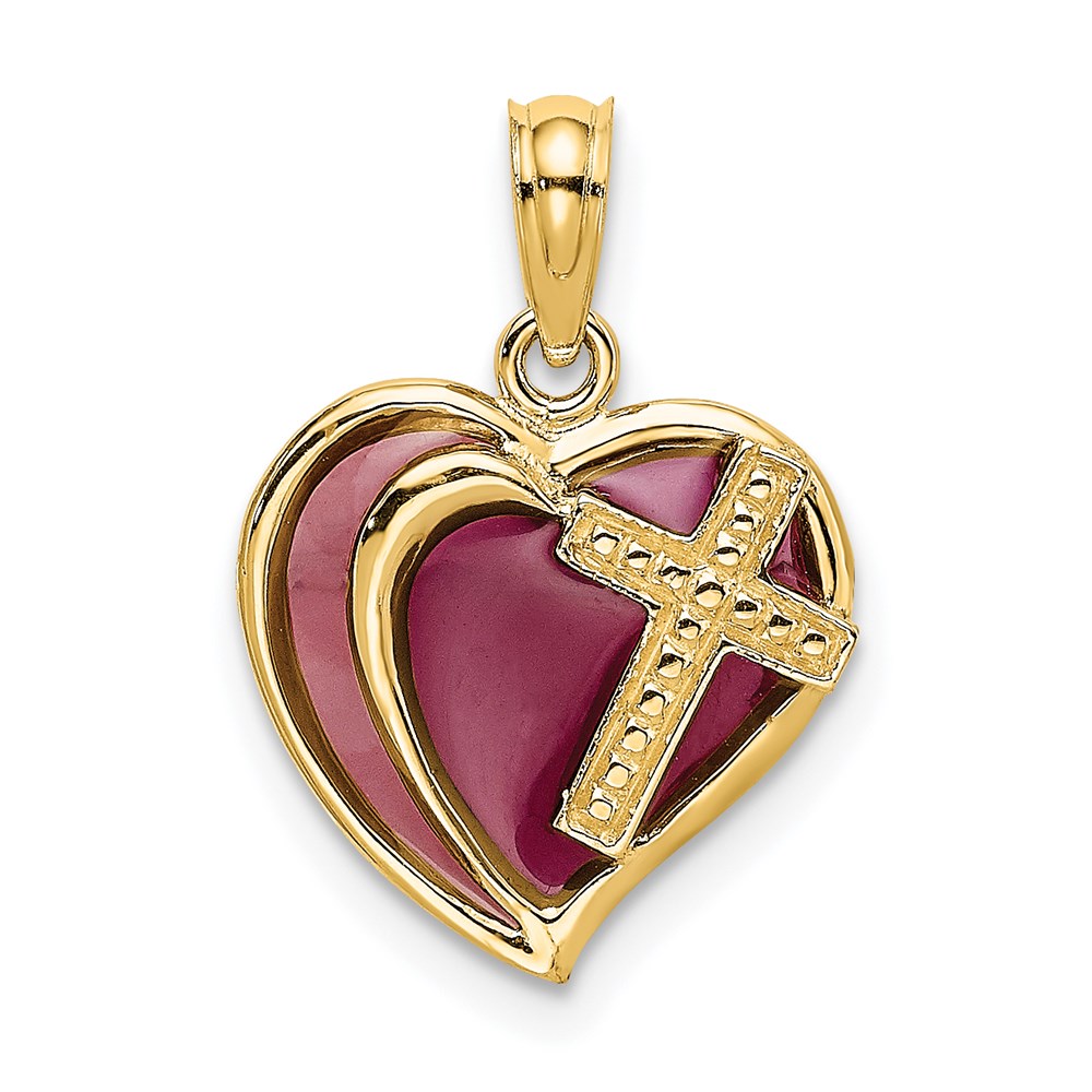 K8622.jpg 14K with Purple Enamel Cross in Heart Charm - Image 1