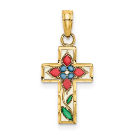14K Multi-color Enameled with Flower Cross Charm