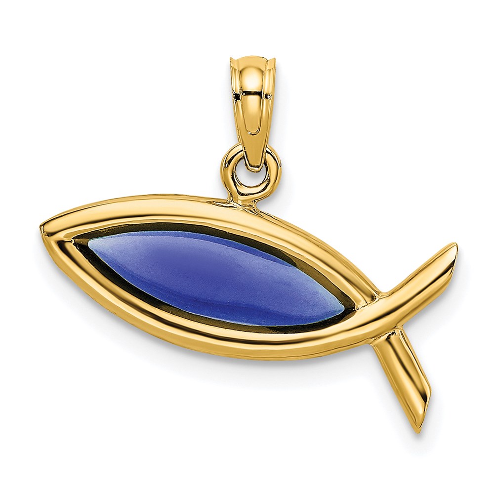 K8630.jpg 14K Horizontal Blue Enameled Ichthus Fish Charm - Image 1