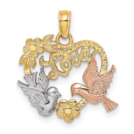 14k Yellow and Rose Gold with White Rhodium LOVE with Doves Heart Charm