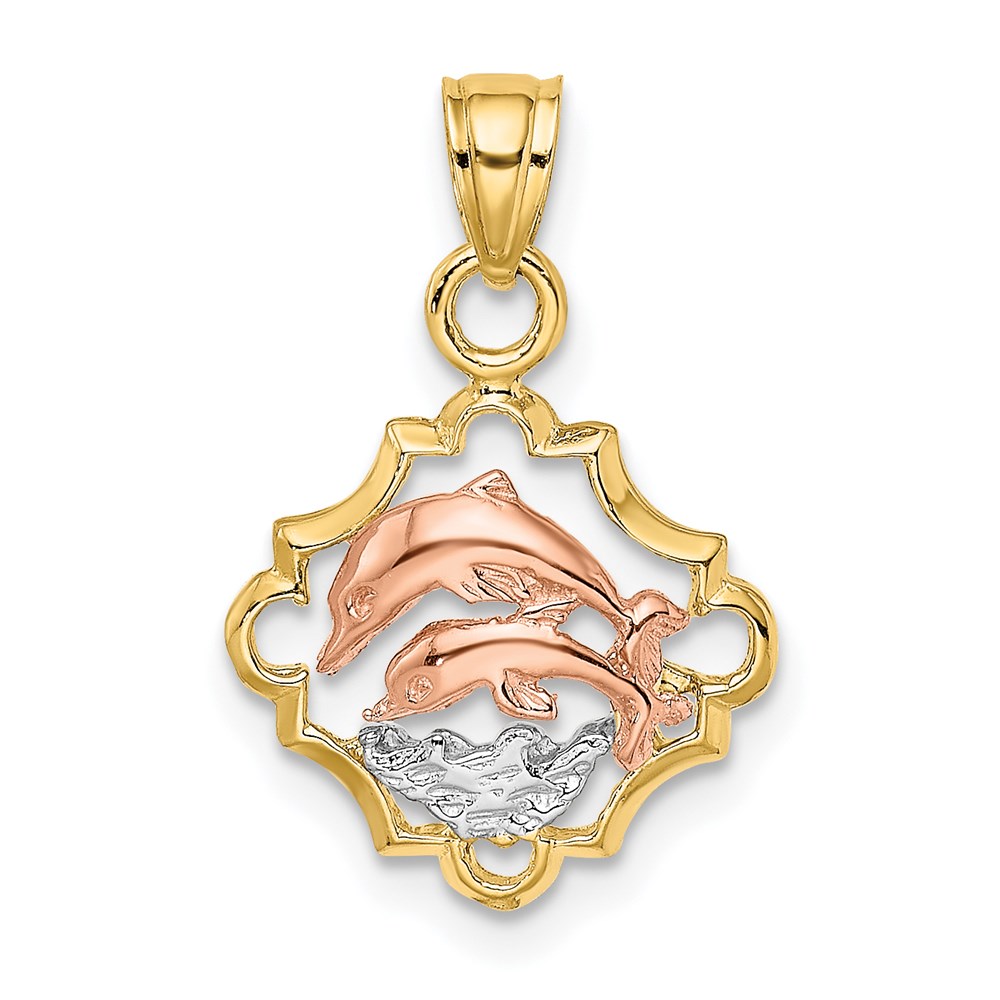 K8977.jpg 14k Two-tone with White Rhodium Double Dolphins In Frame Charm - Image 1