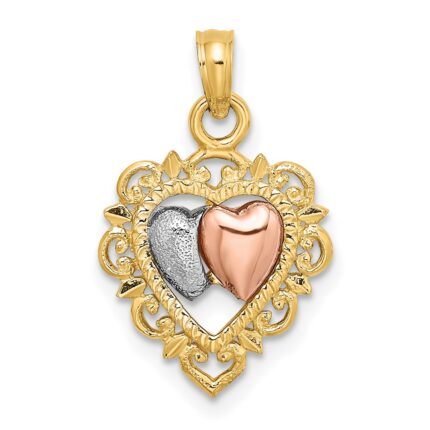 14k Two-tone with White Rhodium Textured Hearts Charm