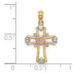 14K Two-tone and White Rhodium Cross with Flower and Hearts Charm - Image 3