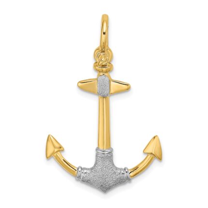 14K and White Rhodium 3-D Textured Anchor with Shackle Bail Charm