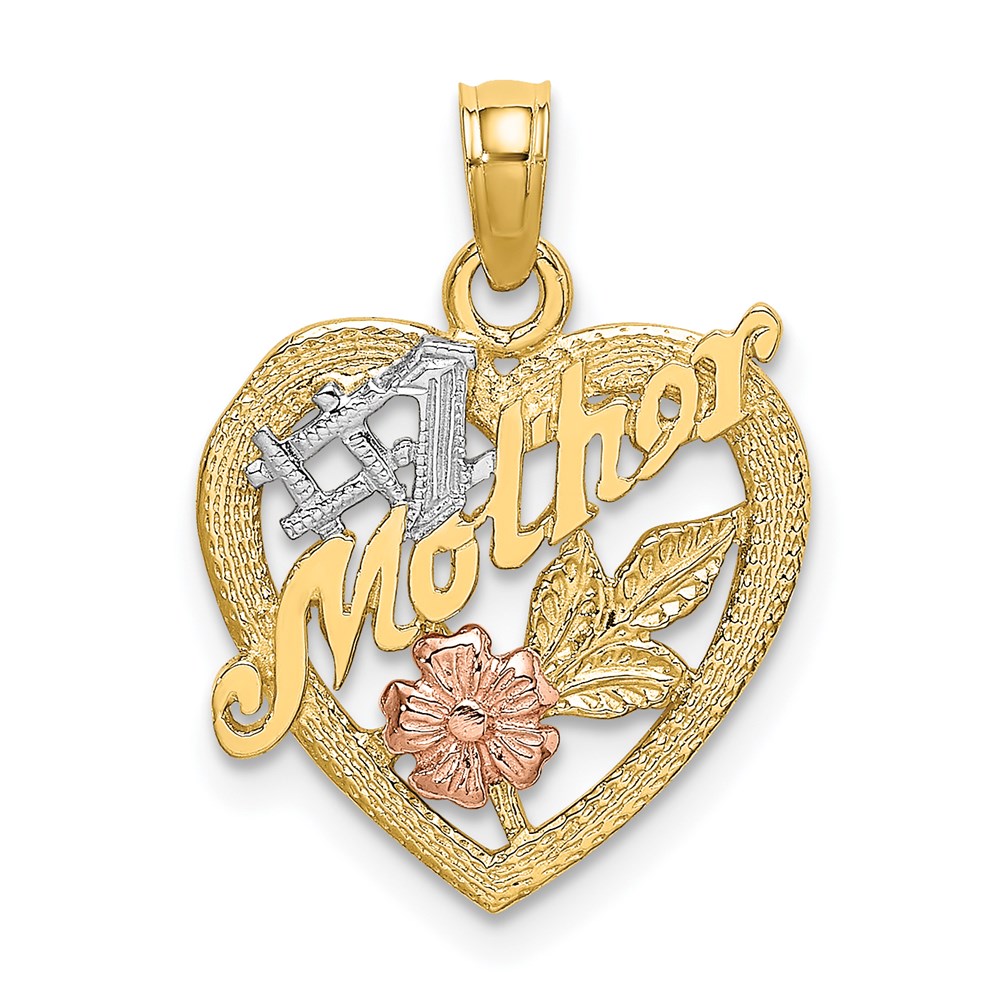 K9052.jpg 14K Two-tone with White Rhodium #1 MOTHER Heart with Flower Charm - Image 1