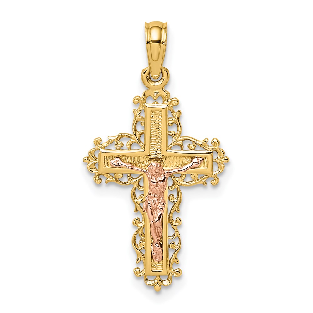 K9061.jpg 14K Two-Tone Crucifix with Lace Trim Charm - Image 1