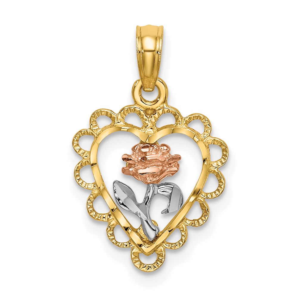 K9065.jpg 14k Two-tone with White Rhodium Heart with Rose and Lace Border Charm - Image 1