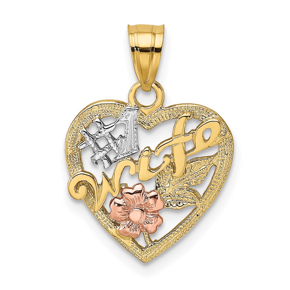 K9071.jpg 14k Two-Tone with White Rhodium #1 WIFE In Heart with Flower Charm - Image 1