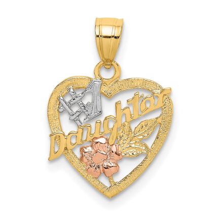 14k Two-tone with White Rhodium #1 DAUGHTER In Heart with Flowers Charm