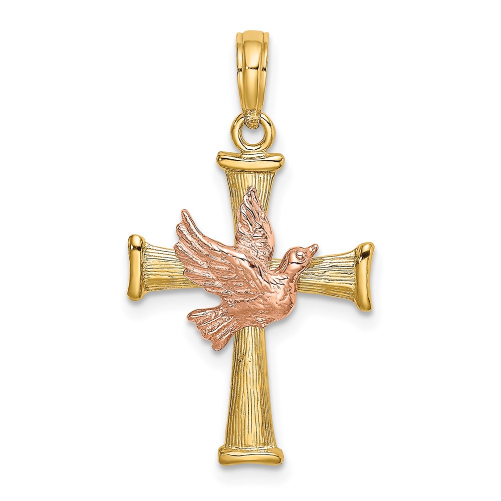 K9078.jpg 14k Two-tone Textured Finish Cross with Dove Charm - Image 1