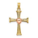 14k Two-Tone Textured Finish Cross with Heart Charm