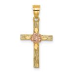 14k Two-Tone Textured Cross with Flower Charm