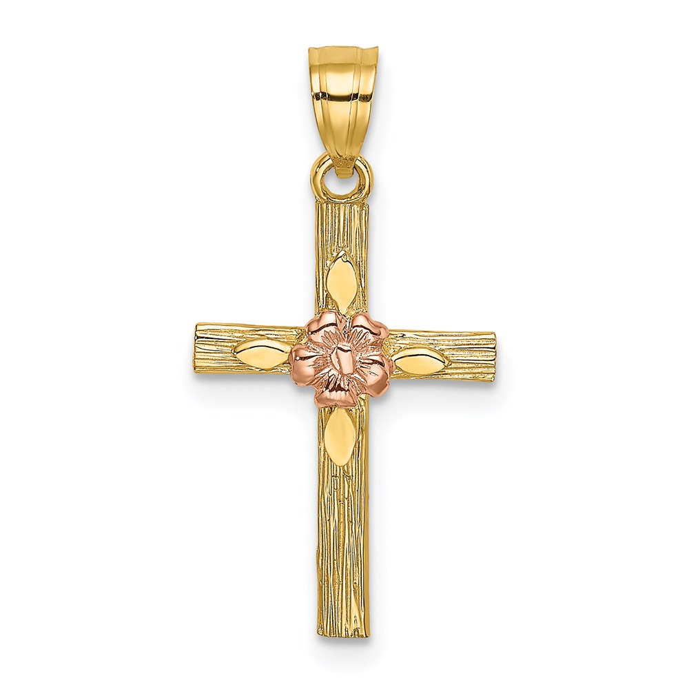 K9083.jpg 14k Two-Tone Textured Cross with Flower Charm - Image 1