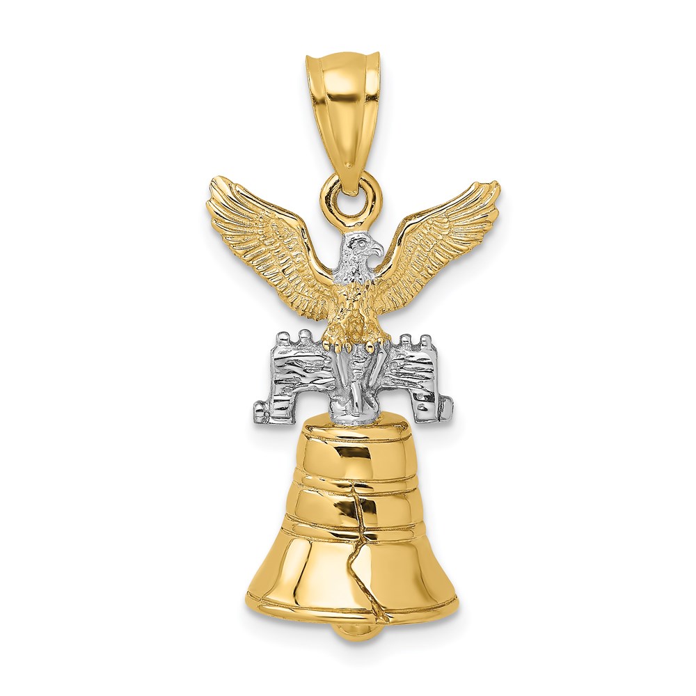 K9146.jpg 14k and White Rhodium 3-D Liberty Bell with Moveable Clapper and Eagle Top Charm - Image 1